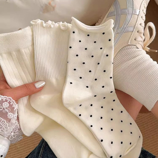 白色袜子女中筒袜ins潮春秋季 日系jk花边波点堆堆袜 爆款 2025新款