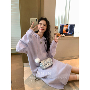 毛球针织连衣裙冬季 AMUM孕妇装 打破沉闷秋冬 连帽半拉链长裙