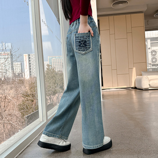 儿童外穿牛仔裤 春秋款 春装 女大童宽松直筒裤 子 2025新款 女童阔腿裤