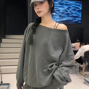 卫衣套装 两件套女2025秋季 上衣高腰阔腿裤 新款 欧洲站 短裤 露肩长袖