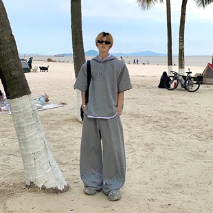 设计感连帽卫衣套装 两件套弯刀裤 美式 长裤 百搭宽松男 春季 Med老叔