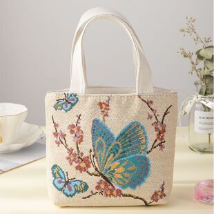 双面刺绣帆布包手提包手拎外出百搭精致化妆包手机包上班小拎包