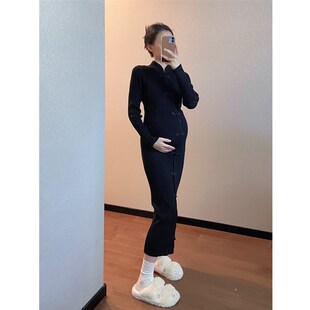 文文家针织秋冬女毛衣针织连衣裙孕妇装 黑色旗袍风内搭打底长裙子