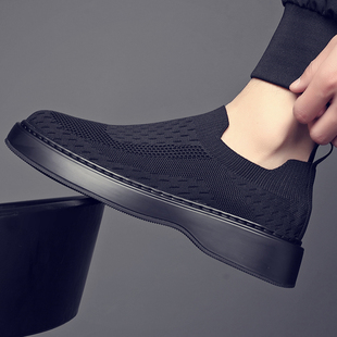 飞织网面休闲板鞋 2025春夏季 男鞋 黑色一脚蹬懒人厚底针织布鞋 新款