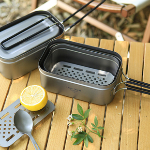多功能带蒸格大容量泡面野营日式 蔻盾户外纯钛饭盒便携式 便当盒子