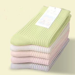 女士中筒长袜子春秋款 韩版 防臭吸汗休闲竖条纹堆堆月子袜纯糖果色