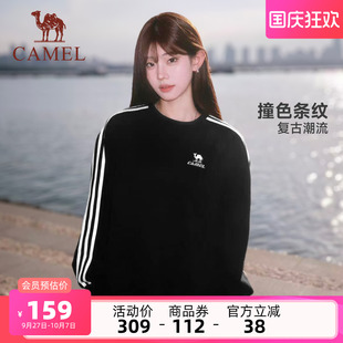 t恤男女情侣秋季 骆驼1930圆领卫衣长袖 休闲宽松条纹黑色套头上衣