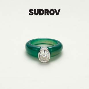 SUDROV素觉高级感小众设计轻奢绿色玛瑙莫桑石戒指女生日礼物指环
