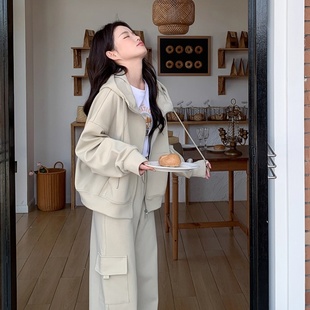 两件套女春秋一整套穿搭时尚 卡其色休闲运动服卫衣套装 洋气超好看