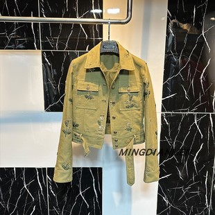 2025军绿色牛仔棉重工订珠夹克外套韩版 机车外套女装 潮流气质修身