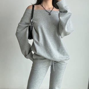 两件套微喇裤 Girl 欧美风宽松慵懒一字领套头卫衣套装 女