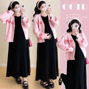 法式 孕妇装 秋冬季 2025新款 气质针织连衣裙孕妇两件套