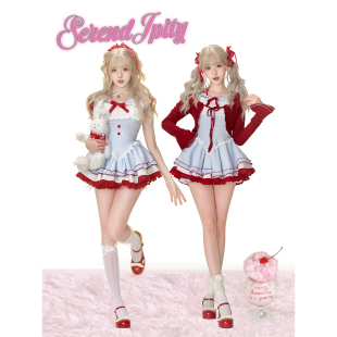 夏季 蓝色格纹连衣裙女 甜品系 白色泡泡短裤 樱桃丸子 少女椰子