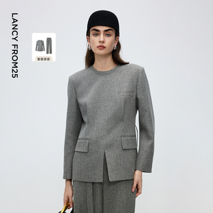 子高级感气质轻职场西服2025年冬季 朗姿灰色圆领西装 裤 新款 外套