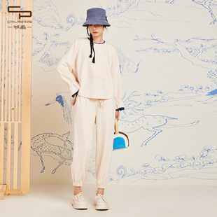 两件套女米白 一城画一春季 运动风时尚 气质显瘦休闲卫衣套装 红色