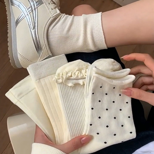 薄款 奶白色中筒袜子女2025新款 爆款 夏季 日系木耳边波点堆堆长袜